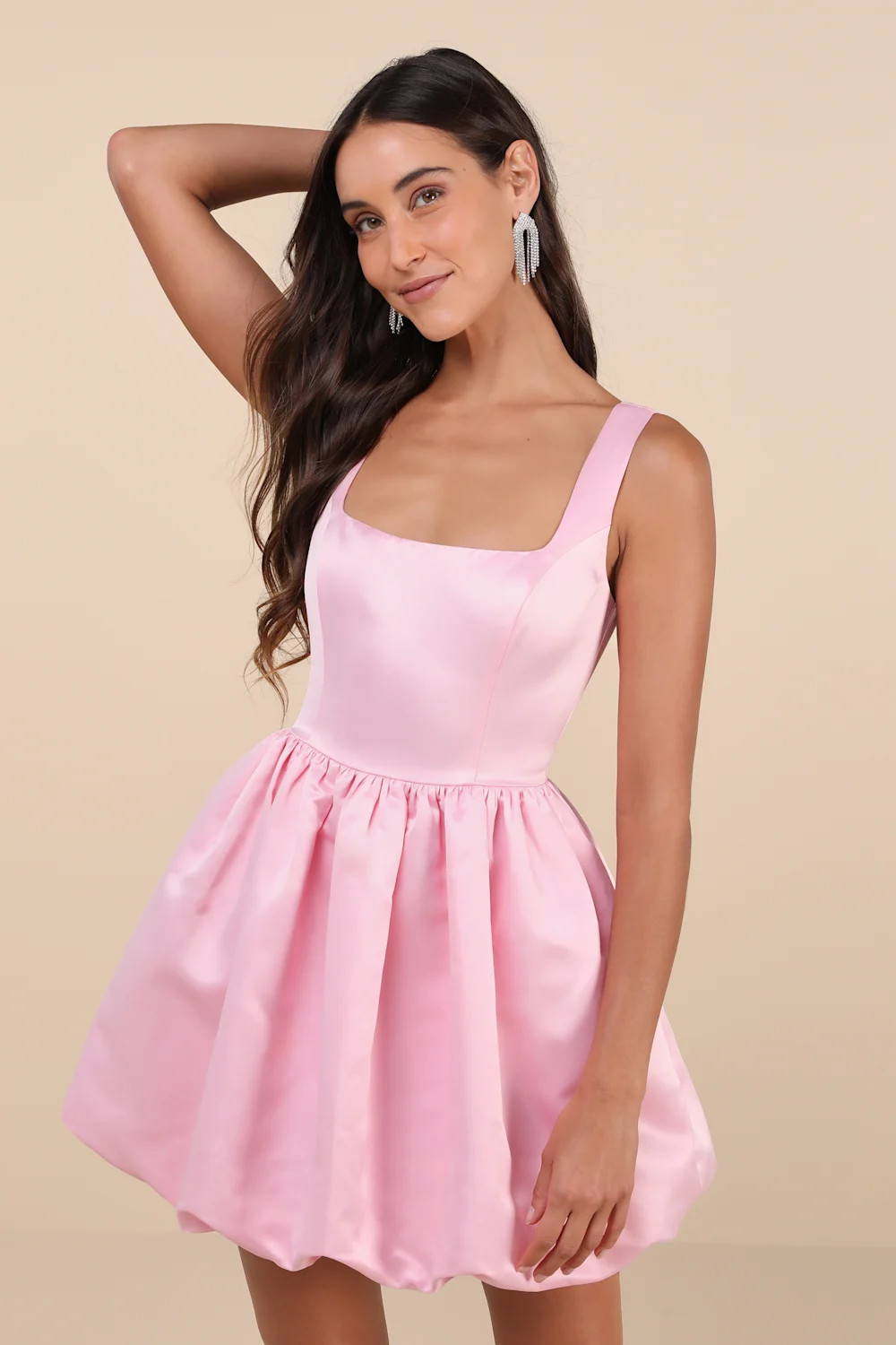 Regal Cutie Light Pink Satin Square Neck Bubble-Hem Mini Dress | Lulus