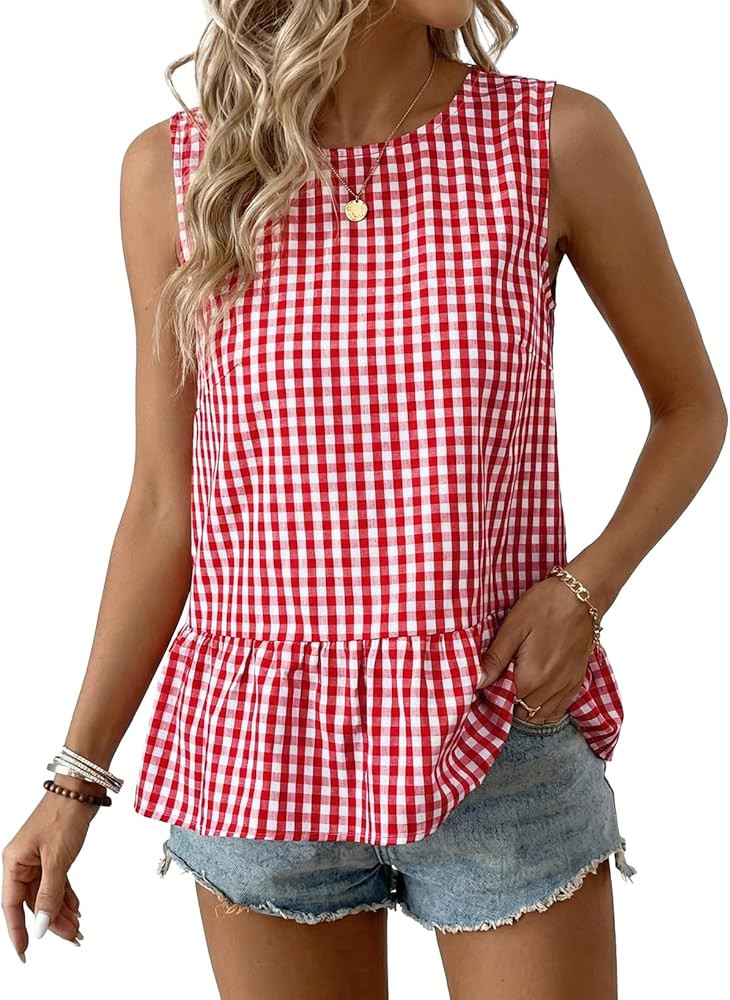 BLENCOT Women Gingham Sleeveless Shirts Ruffle Round Neck Peplum Tank Tops Business Casual Dressy... | Amazon (US)