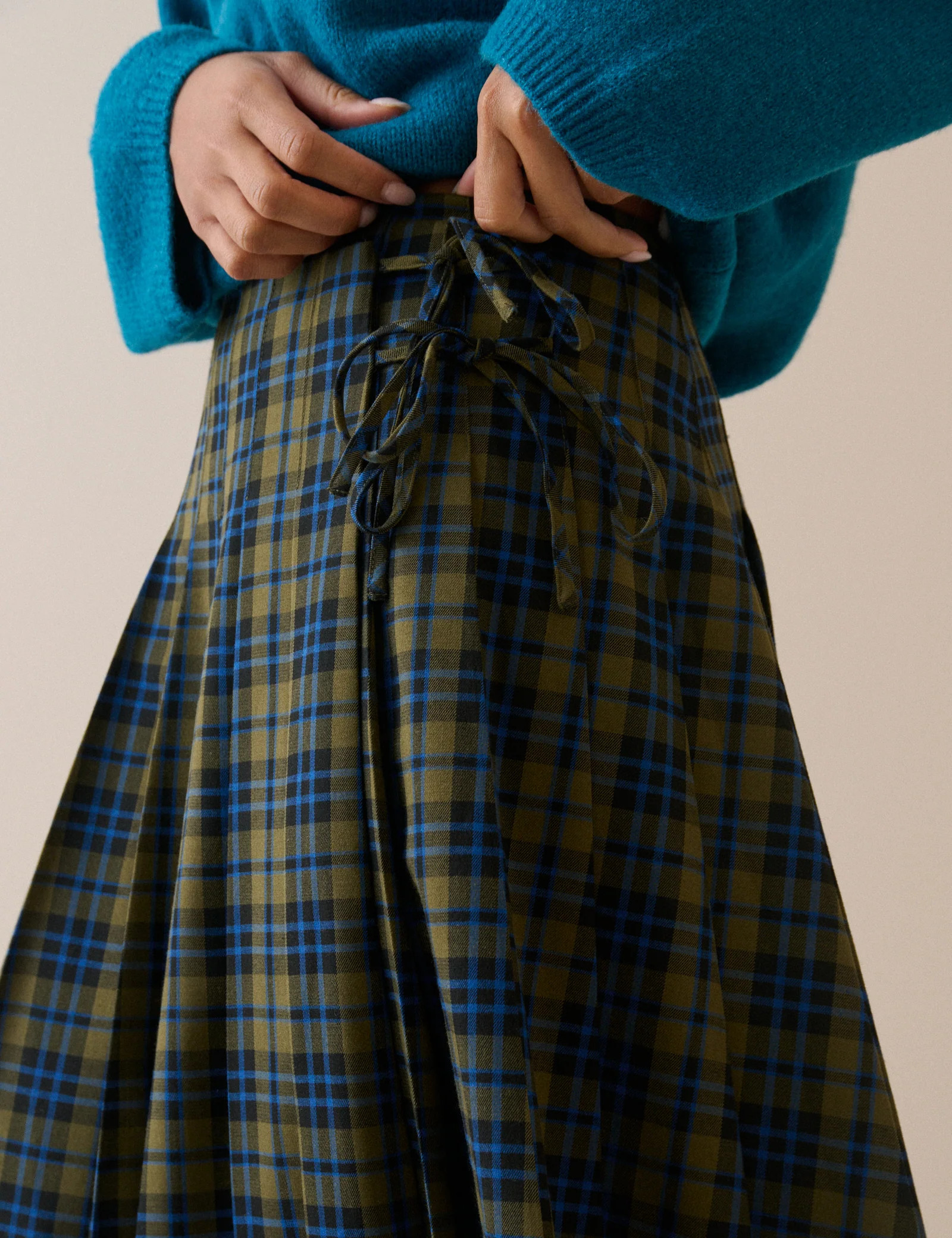 Blue and Green Tartan Pleated Midi Skirt | Nobody's Child