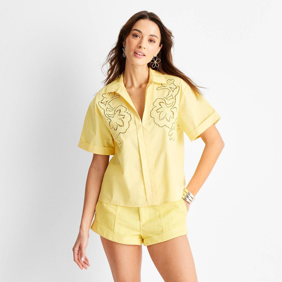 Women's Short Sleeve Eyelet Resort Button-Down Shirt - Future Collective™ with Jenny K. Lopez | Target