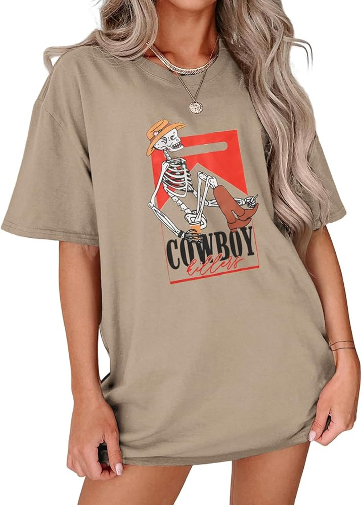 Women Western Country Tshirt Vintage Cowboy Killer Skeleton Graphic Shirts Casual Short Sleeve Ov... | Amazon (US)