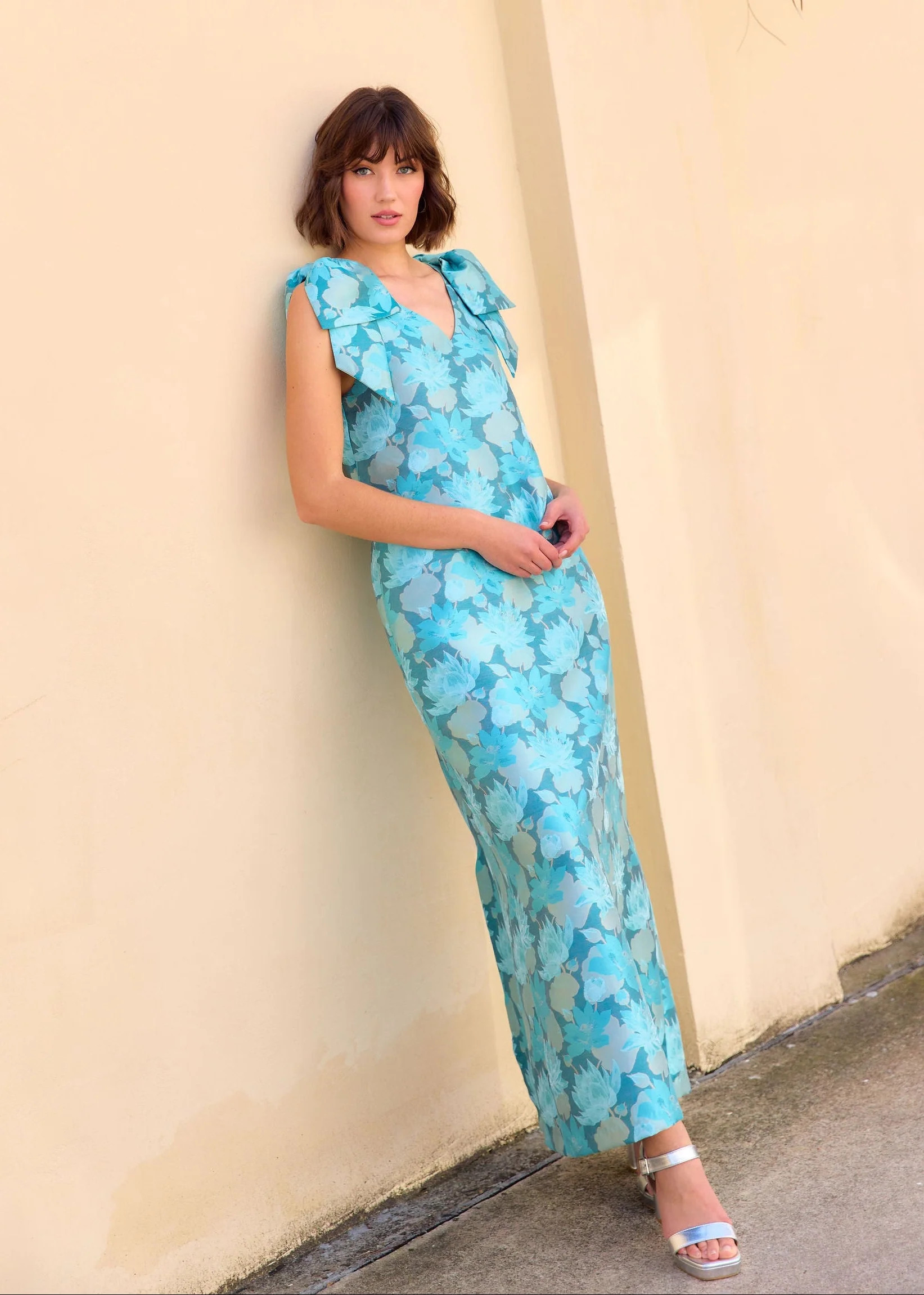 Meredith Gown Aqua Floral Silhouette Jacquard | Abbey Glass
