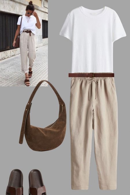Gorgeous cream and tan summer feels. A linen tee, tapered linen trainers, tan accessories and shades