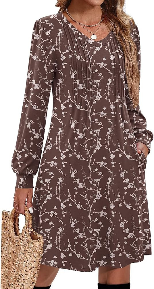 Zeagoo Fall Dresses for Women Long Sleeve Casual Pleated V Neck Dress 2025 A Line Tunic Dress | Amazon (US)