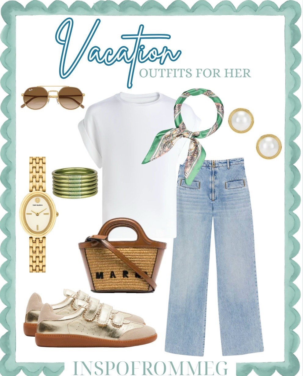 vacation outfits, casual vacation outfit, everyday outfit, travel outfit, airport outfit, coastal outfit, european summer outfit, effortless style, chic casual outfit, elevated basics, white tee outfit, classic white t shirt, denim outfit, light wash jeans, wide leg jeans, casual chic style, preppy outfit, clean girl aesthetic, coastal grandma style, gold jewelry, pearl earrings, silk scarf, scarf styling, marni bag, raffia bag, woven bag, designer inspired style, sneakers outfit, veja sneakers, gold sneakers, neutral outfit, minimal outfit, summer basics, outfit inspo, LTK fashion, revolve style, revolve finds, amazon fashion finds, target style, preppy fashion, sorority style, college outfit inspo, SEC style 

 

#LTKgrwm #LTKootd #LTKU #LTKPetite #LTKFestival #LTKMidsize