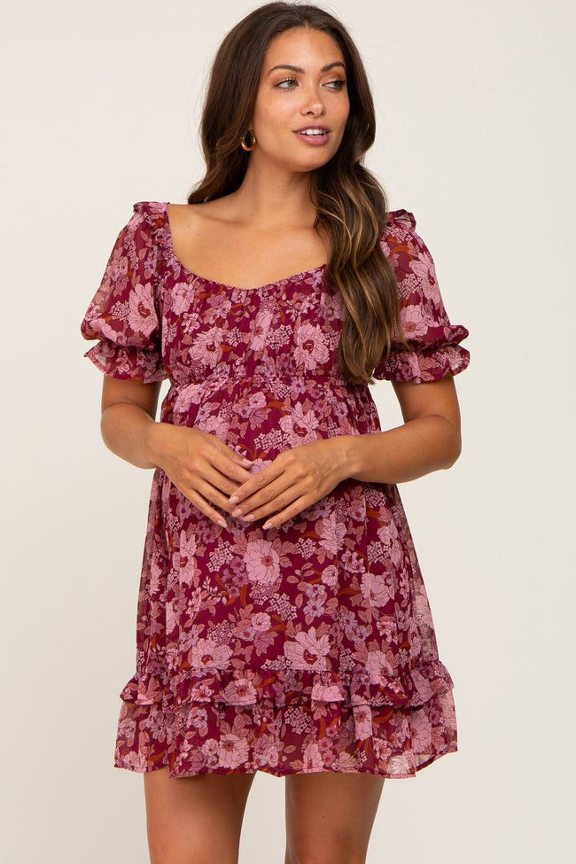 Burgundy Floral Chiffon Ruffle Accent Maternity Mini Dress | PinkBlush Maternity