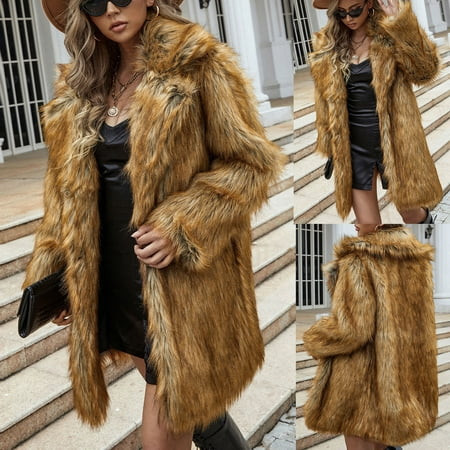 FITORON Women Faux Fur Coat- Ladies Warm Faux Fur Coat Jacket Winter Turn Down Collar Solid Outerwear Brown XL | Walmart (US)