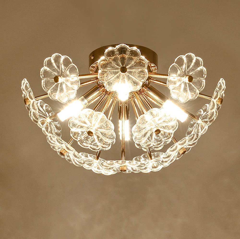 HMVPL Golden Flush Mount Ceiling Light Fixtures, Modern Glass Close to Ceiling Lamp, Crystal Chan... | Amazon (US)