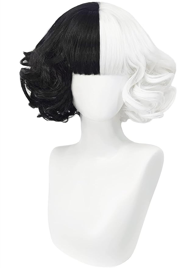 SHECOOL Cruella Deville Costume Cosplay Wigs for Women Kids Short Black White Wig with Bangs Cute... | Amazon (US)