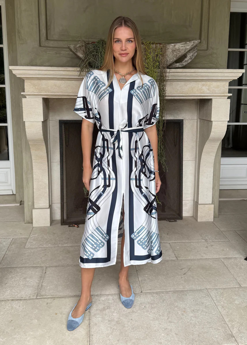 Sloane Silk Abstract Blue and White Printed Midi Dress | Benaar La