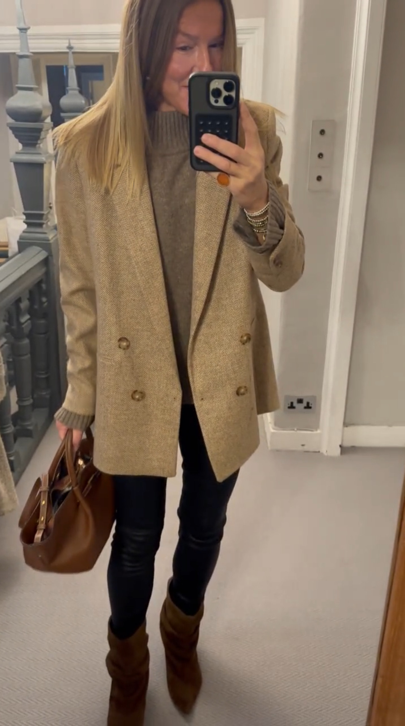OOTD! Im away with Elizabeth Arden today at the beasutiful Badminton House in Somerset. Heres what im wearing! DeMellier | Sezane | M&S | Zara | winter outfit | Blazer | leather | Knitwear | Brown suede boots 

 

#LTKuk #LTKwinter #LTKstyletip