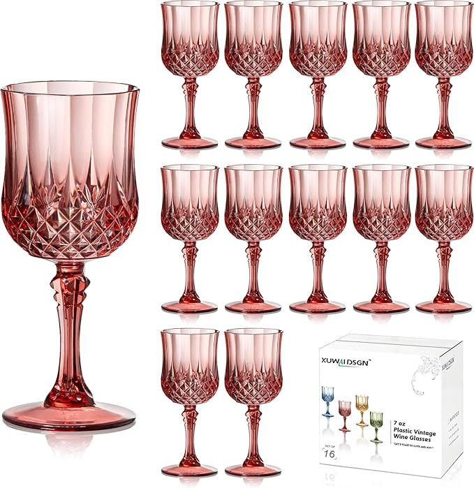 XUWAIDSGN 7oz Plastic Vintage Rose Gold Drinking Glasses Pink Wine Glasses Unbreakable Wedding Gl... | Amazon (US)