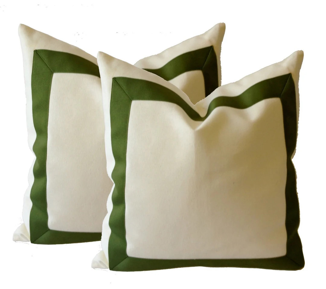 Cotton Canvas Throw Pillow Cover - White with Olive Green Grosgrain Ribbon | Etsy (US)