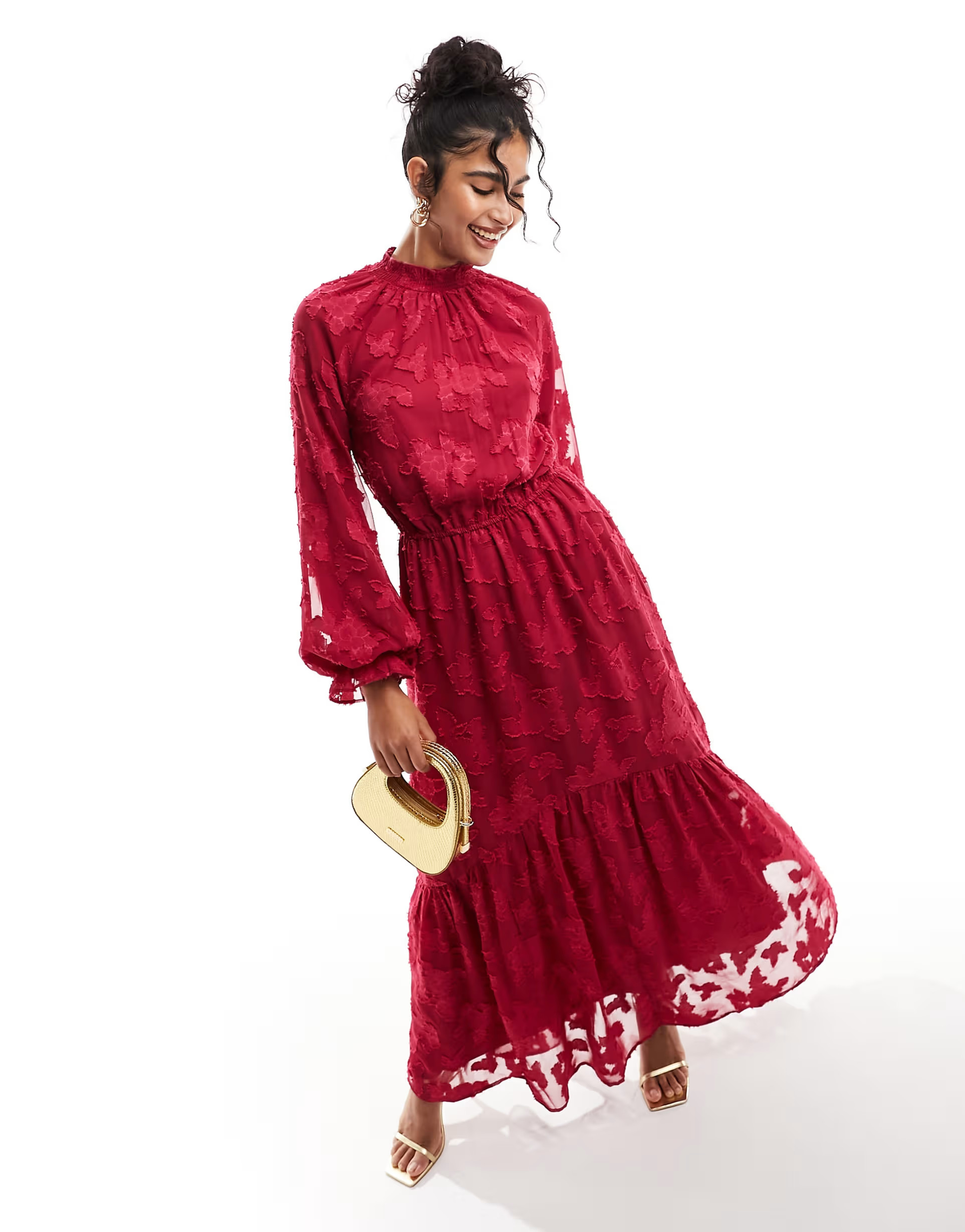 ASOS DESIGN high neck big sleeve jacquard maxi dress in berry red | ASOS (Global)