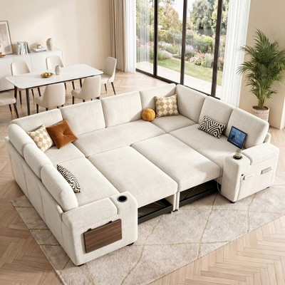 Dyonery 111" U Shaped Sectional Sleeper Sofa with Pull Out Bed, 8 Seat Chenille Couch with Storage, USB Ports & Cup Holders, Beige | Target
