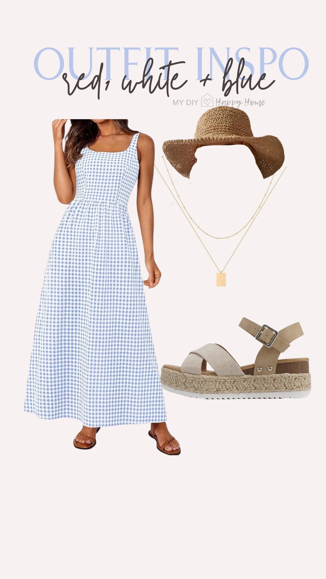 Summer outfit inspo

Gingham maxi dress 
Sandals 
Straw hat 
Layered necklace 

#LTKFindsUnder50 #LTKMidsize #LTKSeasonal