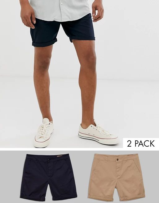 ASOS 2 Pack Slim Chino Shorts In Stone & Navy SAVE | ASOS US