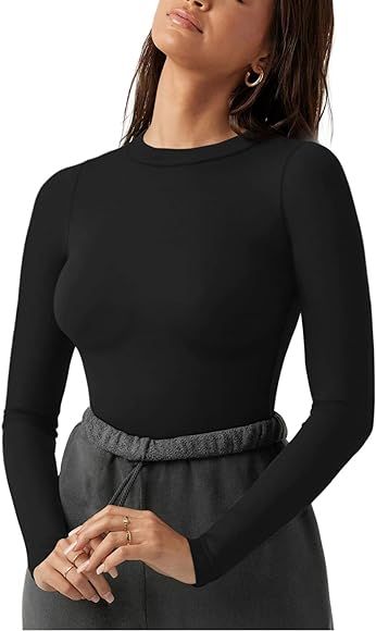 REORIA Women's Fashion Crew Neck Double lined Long Sleeve T Shirts Bodysuits Tops Jumpsuit | Amazon (US)