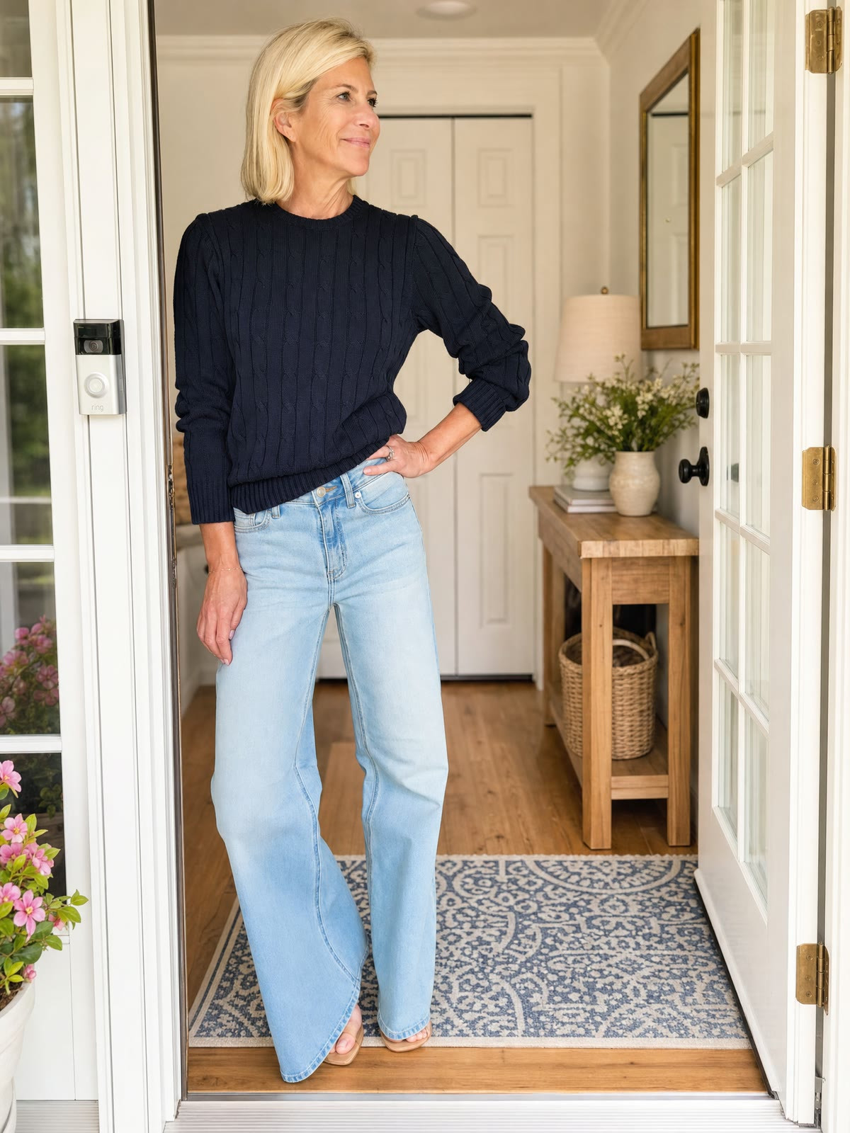 This entire fantastic outfit is going to run you...... $90 bucks!  Best cotton cable crew neck navy sweater and wide leg light jeans.   

 #LTKootd #LTKOver40 #LTKTravel