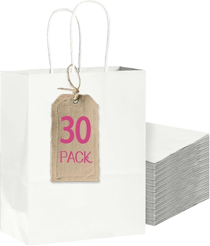 Bakepacker 30-Pack Medium Size Gift Paper Bags with Handles Bulk 10.6"x8.3"x4.3" White Party Shop... | Amazon (US)
