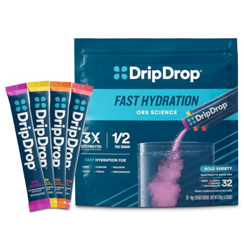 DripDrop Hydration Packets - Bold Variety Pack - Single Serve Electrolytes Powder Drink Mix - Watermelon, Berry, Lemon, Orange - Non-GMO, Gluten Free, Vegan - 32 Sticks | Amazon (US)
