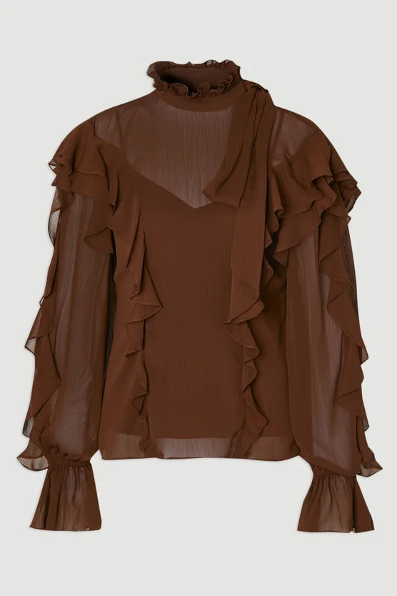 Georgette Ruffle Woven Pussy Bow Blouse | Karen Millen US