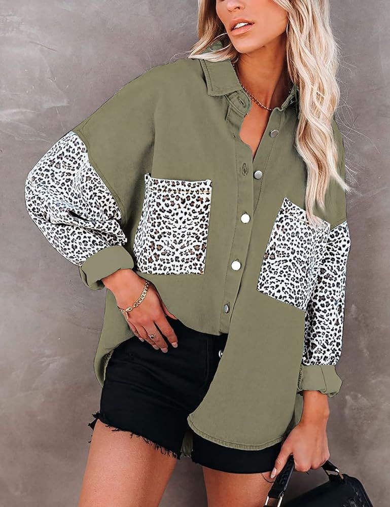 Ailunsnika Leopard Print Denim Jacket for Women Oversized Boyfriend Jean Shirts Long Sleeve Jeans Co | Amazon (CA)