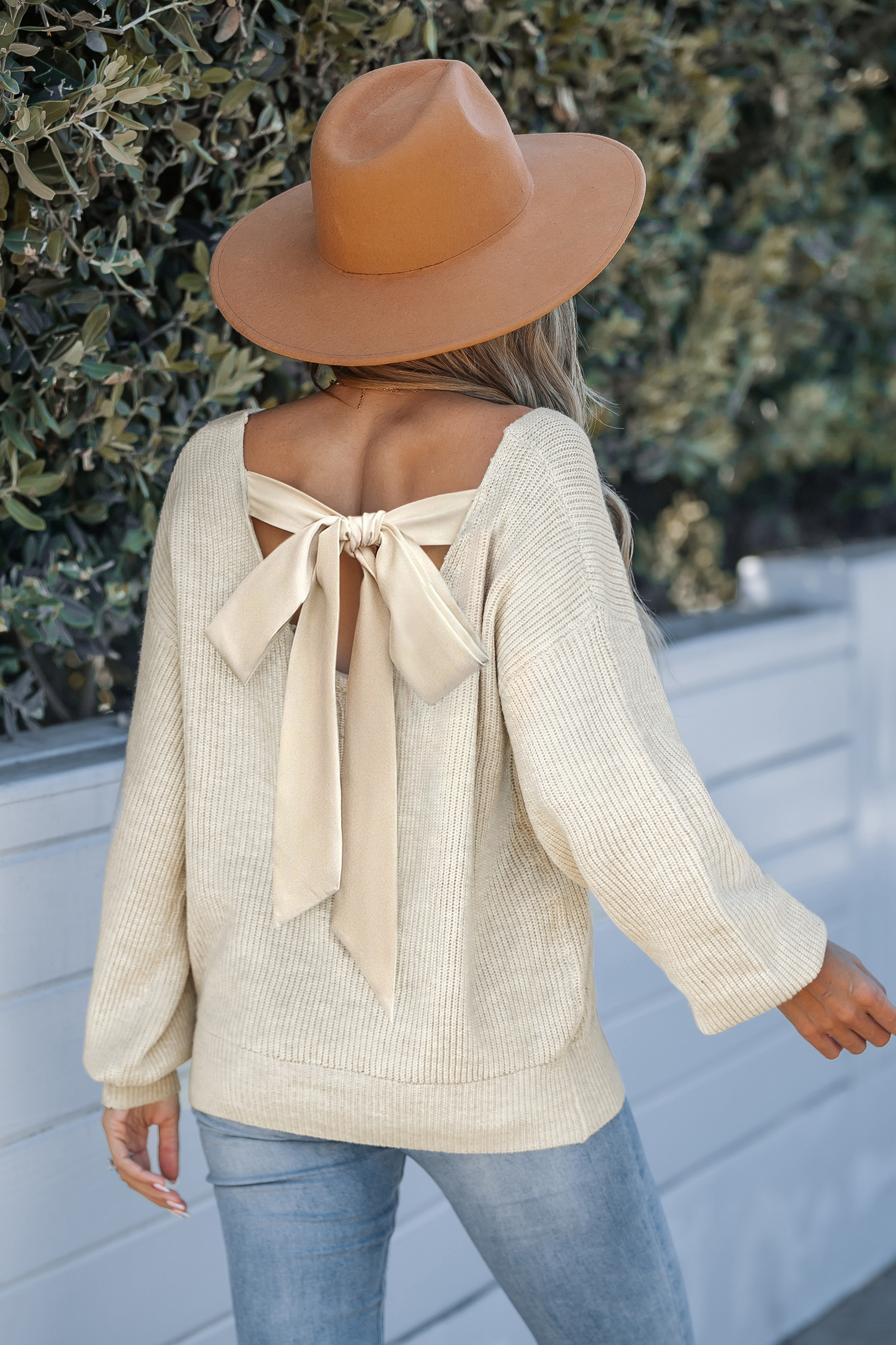 Long Sleeve V-Neck Bow Sweater - L | Cupshe US