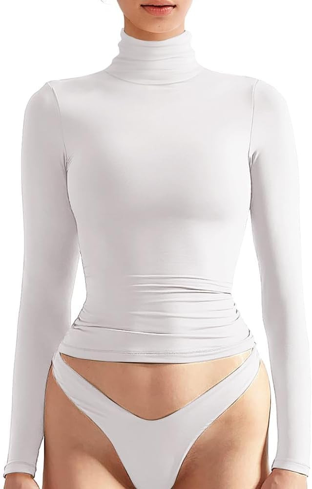Women's Basic Turtleneck Long Sleeve Tee Shirts Casual Double Layering Going Out Slim Fit Stretch... | Amazon (US)