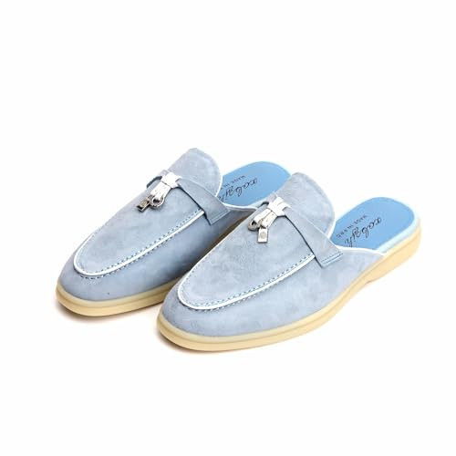 XOBZJH Designer Women's Mules Flat Heel - Dusty Blue Suede Leather Flats with Tassel Detail, Comfortable Slip-On Backless Loafers,Casual & Work Shoes | Amazon (US)