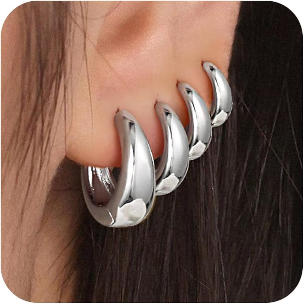 Chunky Sliver Hoop Earrings Set for Women, Small Huggie Hoop Earring Stackable Mini Hypoallergeni... | Amazon (US)