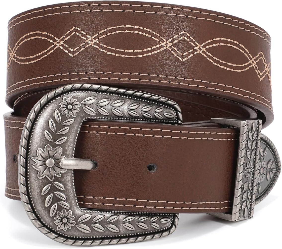 XZQTIVE Women Men Genuine Leather Belt Vintage Ladies Western Belt Engraved Tooled Leather Belt C... | Amazon (US)
