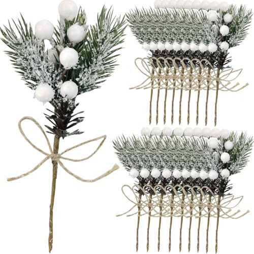 TIHOOD 20PCS 8inch Artificial Christmas Floral Picks, White Fake Berry Picks Stems, Pine Branches with Pinecones Holly Leaves for Vase Floral Arrangement Wreath Winter Holiday Season Decor Crafts | Amazon (US)