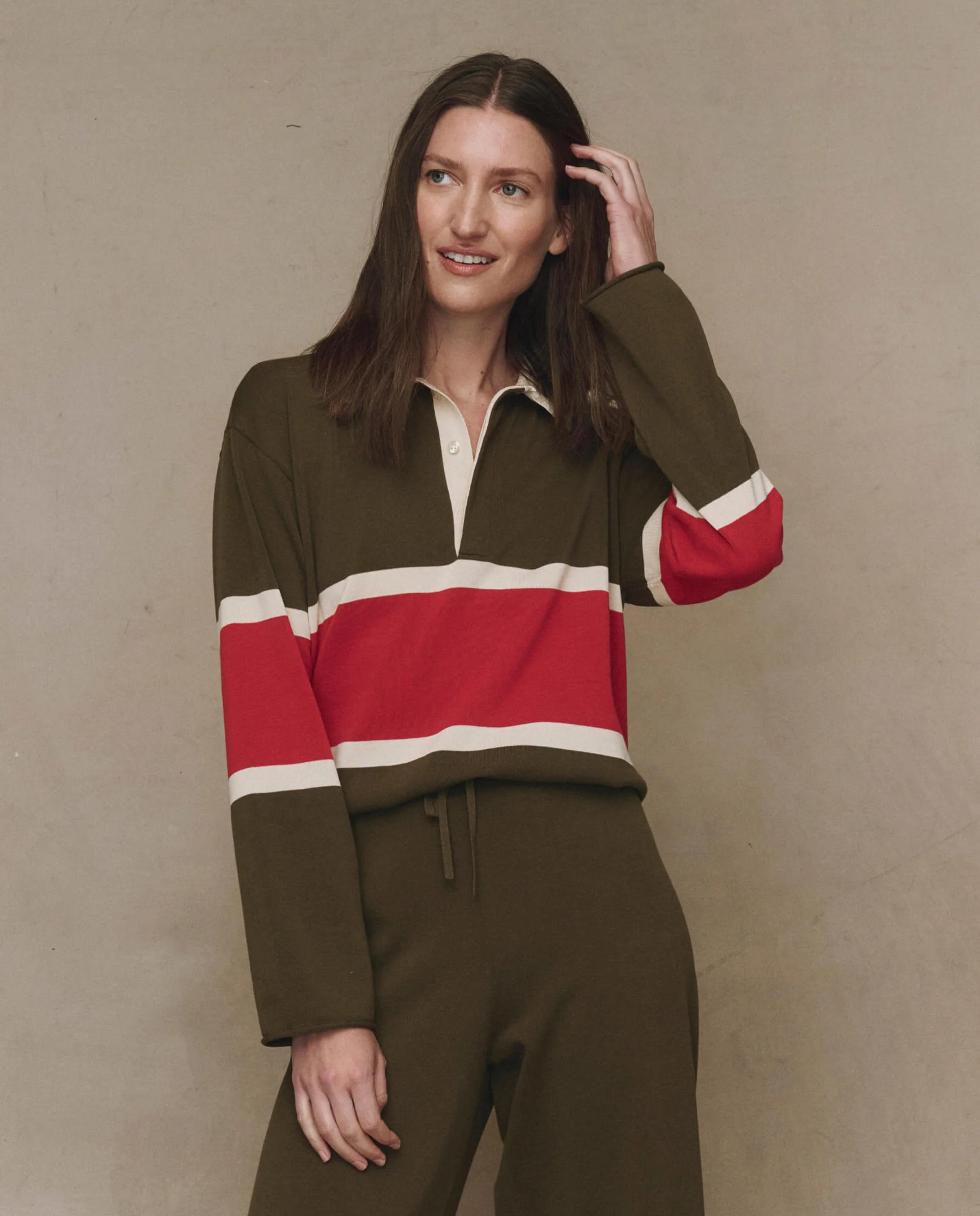 The Rugby Sweater. Novelty -- Army with Hot Red Stripe | THE GREAT.