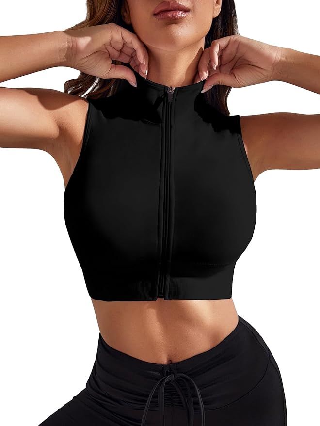Verdusa Women's Zipper Front Mock Neck Sleeveless Slim Fitted Crop Tank Top | Amazon (US)