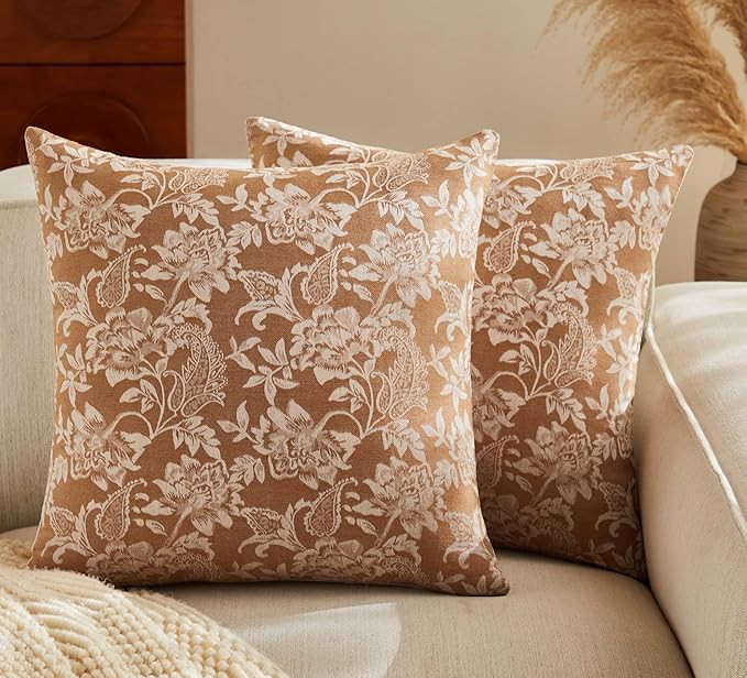 Floral Jacquard Throw Pillow Covers Set of 2, Background/Caramal 24x24 Inch, Farmhouse Decorative... | Amazon (US)