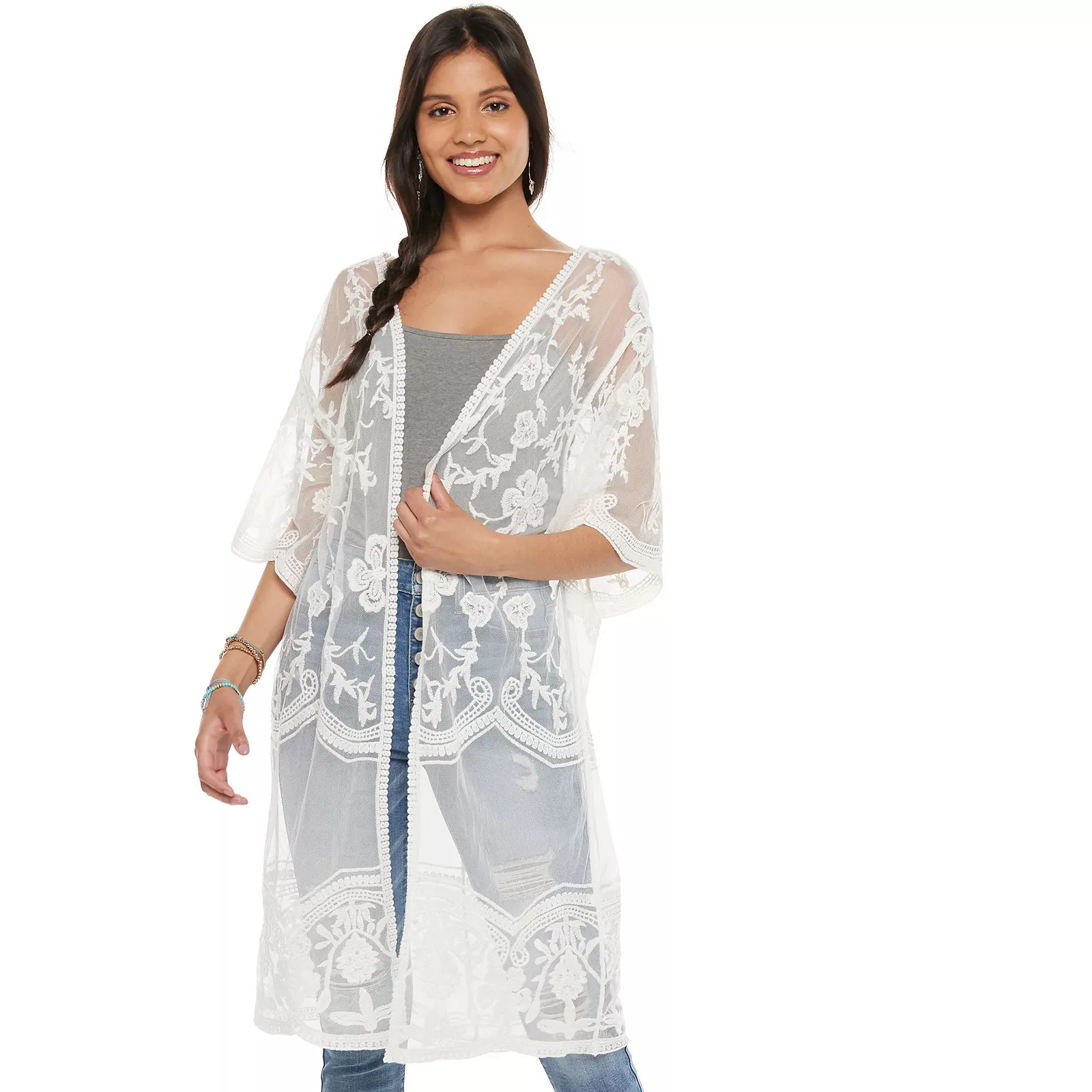 Women's SO Tie-Front Sheer Floral Lace Kimono, Natural | Kohl's