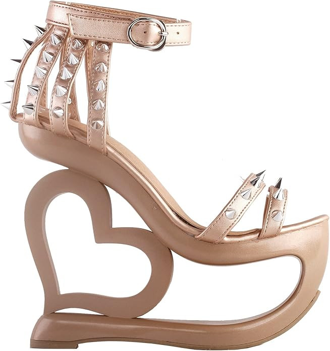 SHOW STORY Punk Black Spikes Strappy Heart Heel Wedge Evening Sandals,LF40204 | Amazon (US)