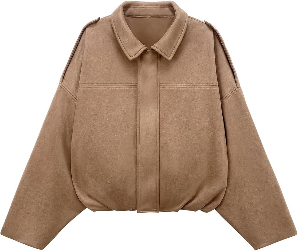 Womens Bomber Jacket Faux Suede Casual Cropped Pilot Coat Lapel Collar Causal Oversized Trendy Ou... | Amazon (US)