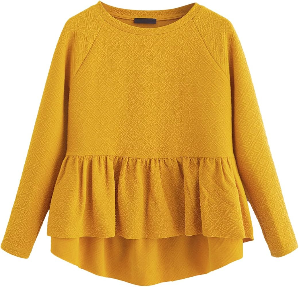 SheIn Women's Loose Round Neck Raglan Long Sleeve Ruffle High Low Hem Smock Top | Amazon (US)
