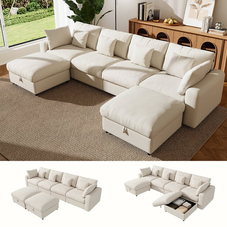 BedLuxury 140" Extra Large Modular Sectional Cloud Sofa with 2 Removable Storage Ottoman, Extra D... | Walmart (US)