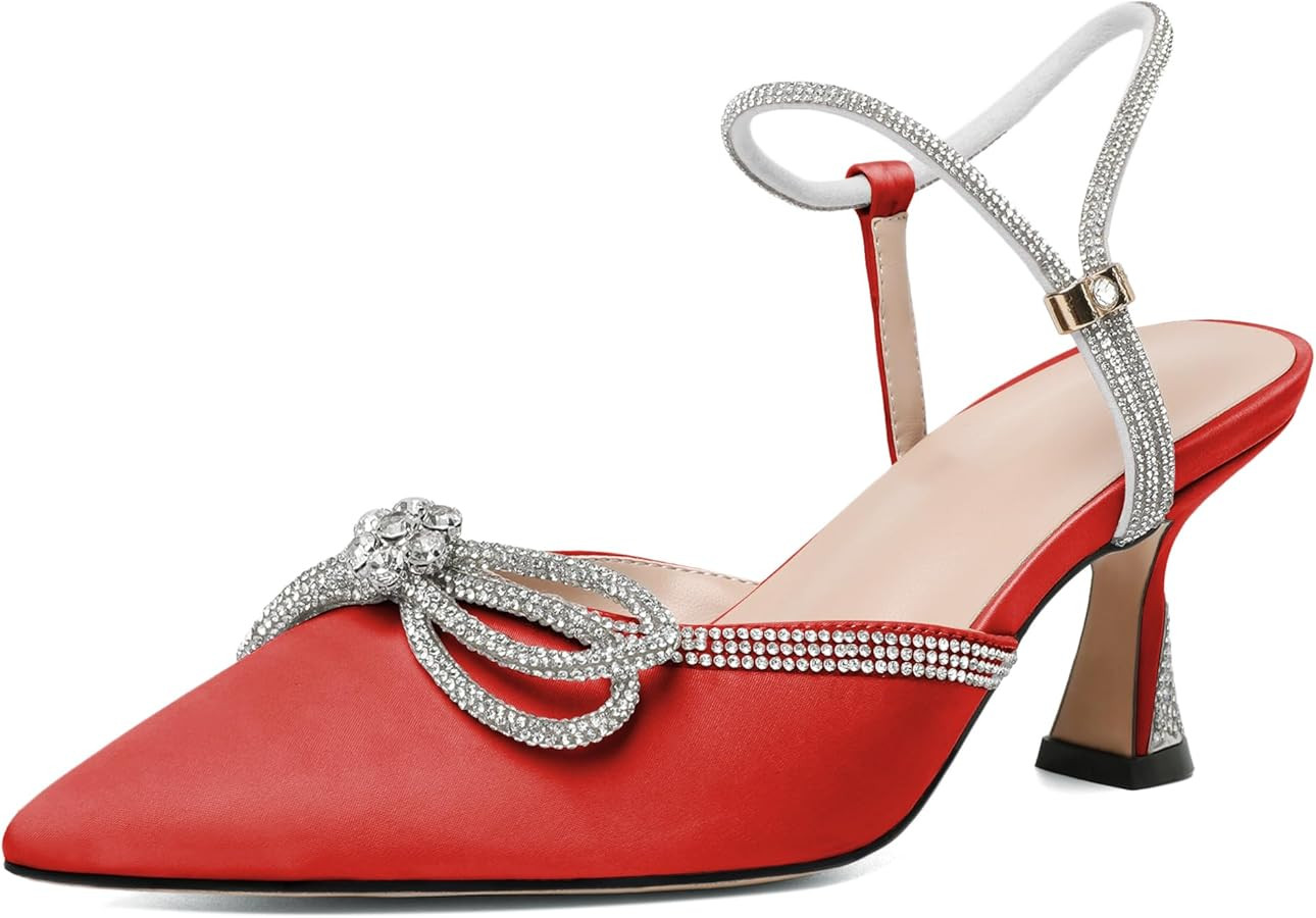 Joseywade Rhinestone Bow Heels Women Pointed Toe Low Heel Pumps Adjustable Ankle Strap Wedding Br... | Amazon (US)