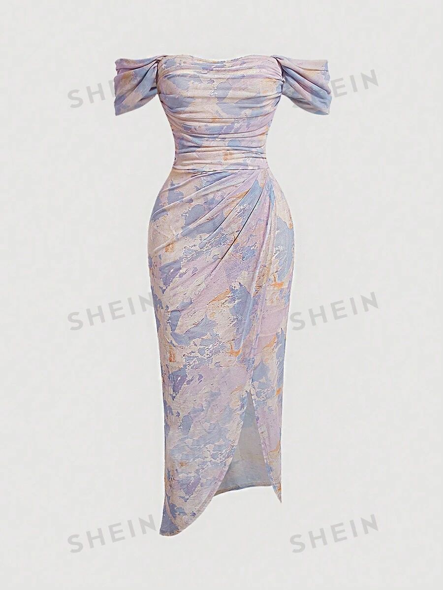 SHEIN MOD Women's Off Shoulder Tie-Dye Wrap Hem Bodycon One-Shoulder Tuck-Away Slit Dress,Ombre P... | SHEIN