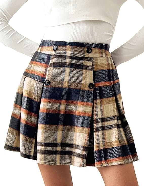 Kate Kasin 2024 Women's Pleated Plaid Mini Skirt High Waist A-Line Fall Winter Casual Skirts | Amazon (US)
