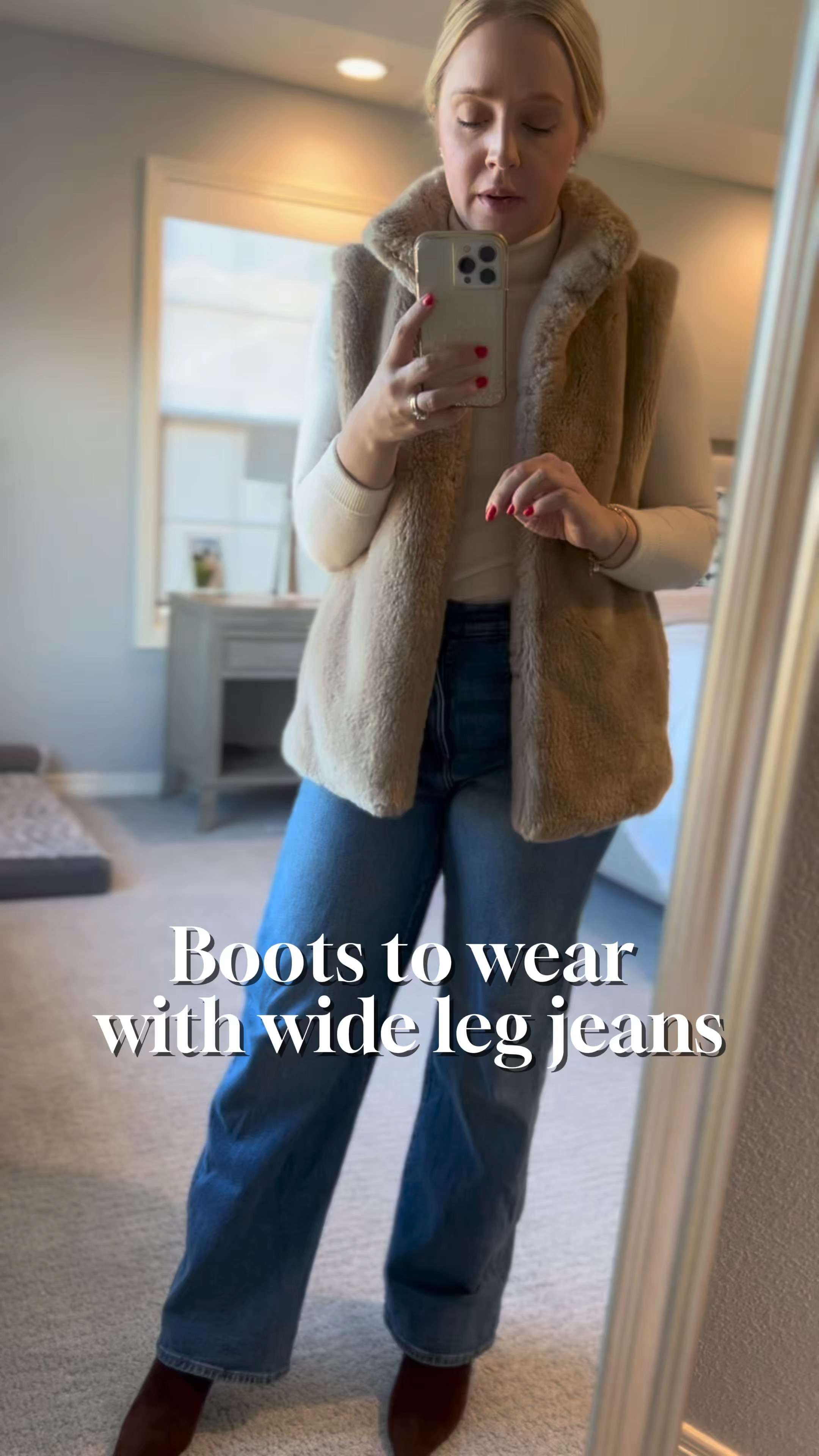 What shoes to wear with wear with wide leg jeans. A short boot with a pointed toe pairs great with a wide leg jean. As a petite, the pointed toe breaks up the wideness of the jean legs and adds length. Linking wide leg jeans and faux fur vests. 
Petite outfit, jeans, winter outfit, pointed toe boots, short boots 

#LTKStyleTip #LTKWatchNow #LTKSaleAlert