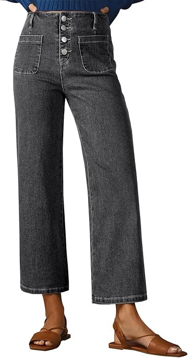 Sidefeel Women's Wide Leg Jeans High Waisted Zimbaplatinum Stretchy Straight Leg Jeans Buttoned L... | Amazon (US)