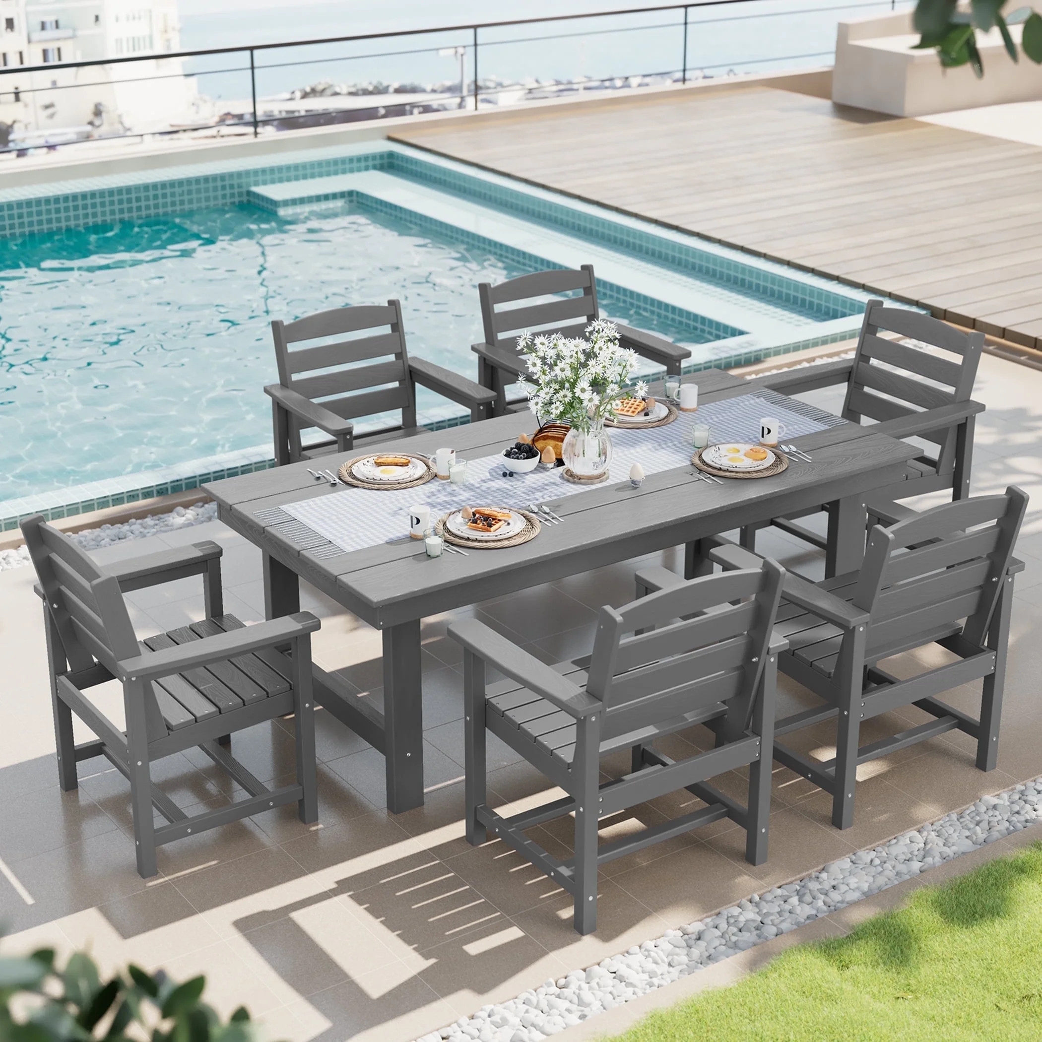SERWALL Outdoor HDPE Dining Table Set, 7-Piece Outdoor Dining Table Sets with Umbrella Hole, Grey | Walmart (US)