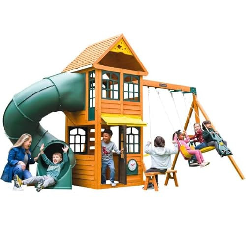 Cloverdale Wooden Swing Set/Playset with Slide, Rock Wall, Glider and Swings | Amazon (US)