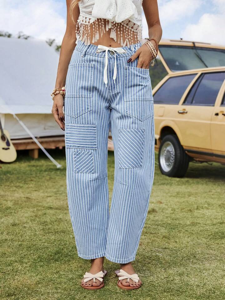 Breezaya Women's Striped Pocket Straight Leg Loose Casual Versatile Jeans Western Wear Women Boho Denim | SHEIN