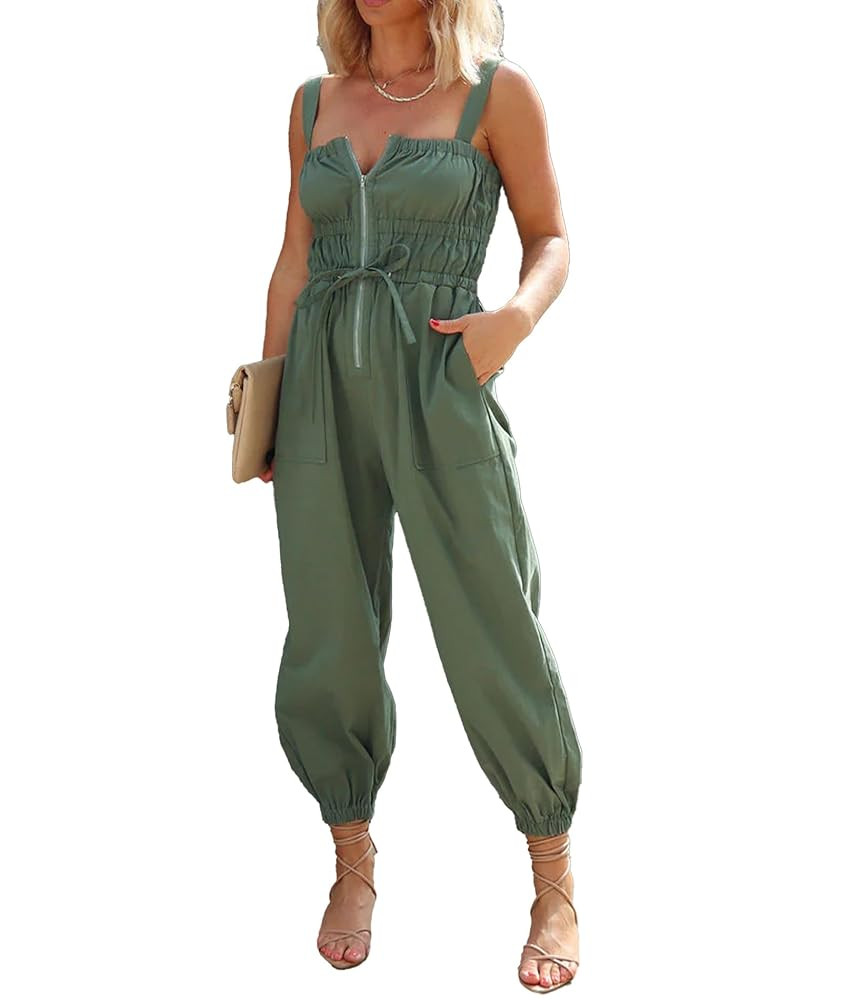 SOMTHRON Women's Cargo Jumpsuit Smocked Sleeveless Adjustable Straps Jogger Pants Zip Up Rompers ... | Amazon (CA)